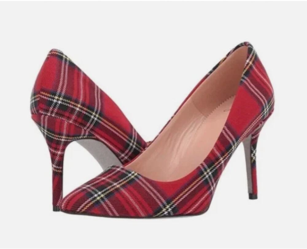 J. Crew Elsie Tartan Pump Heels Red Textile Size 8 NWOB Gingham Plaid Holiday